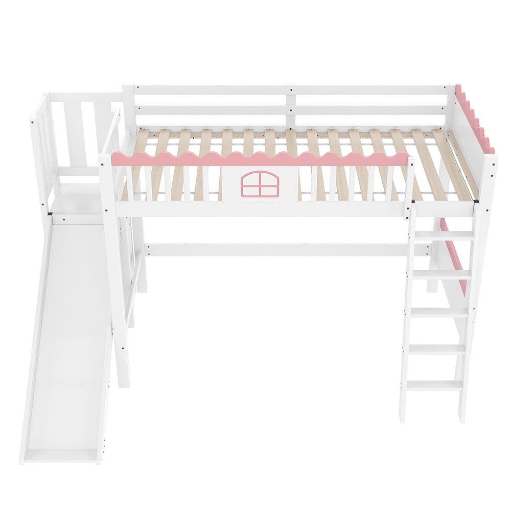 Letto a Soppalco Bambini con Scivolo – Xylo – 90x200cm, Pino, Luci LED, Scaffali, Cert. EN747, Bianco, Senza Materasso