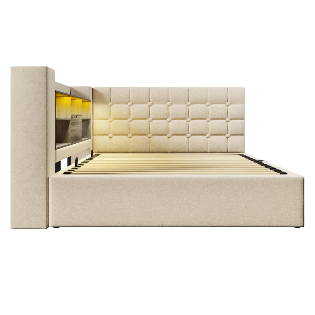 Letto matrimoniale 140x200 cm con LED, contenitore idraulico, testiera a L reversibile e materasso incluso
