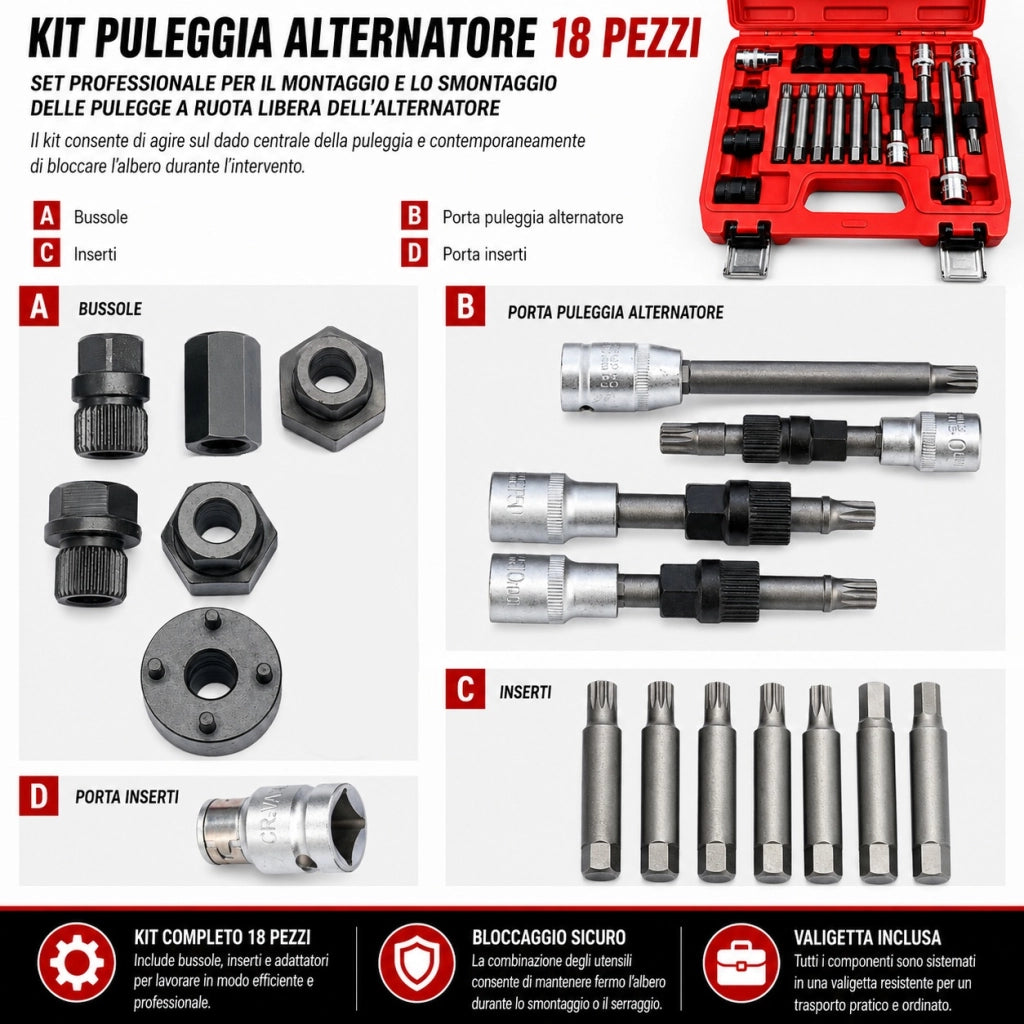 Kit 18 Chiavi Smontaggio Puleggia Alternatore Auto Valigia CBC003