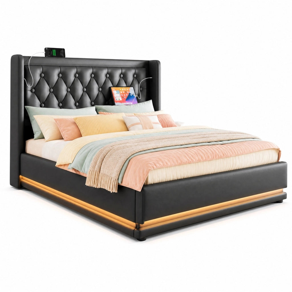 Letto matrimoniale 160x200 cm in PU nero con contenitore; testiera imbottita; LED e USB-C