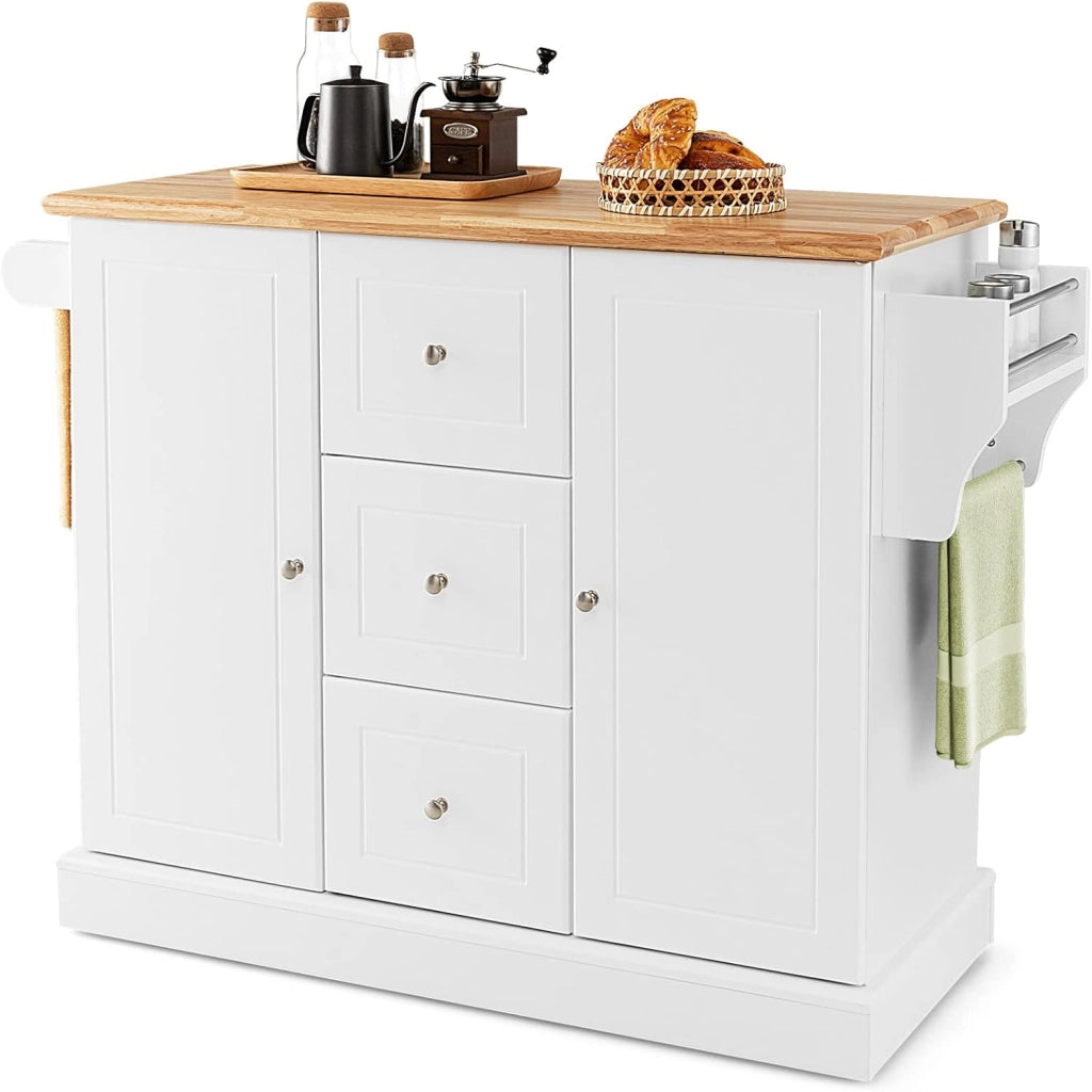 Carrello da Cucina con 3 Cassetti e 2 Armadi, Isola da Cucina Mobile con 5 Ruote Nascoste, Credenza Carrello da Portata con Portasciugamani e Portaspezie,126x45x91,5 cm (Nero)