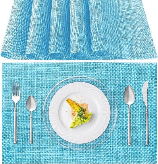 Set di 6 piastre per tavolo, lavabile, PVC, resistente al calore, antiscivolo, per cucina, tavola da pranzo, hotel, 45 x 30 cm (azzurro celeste)