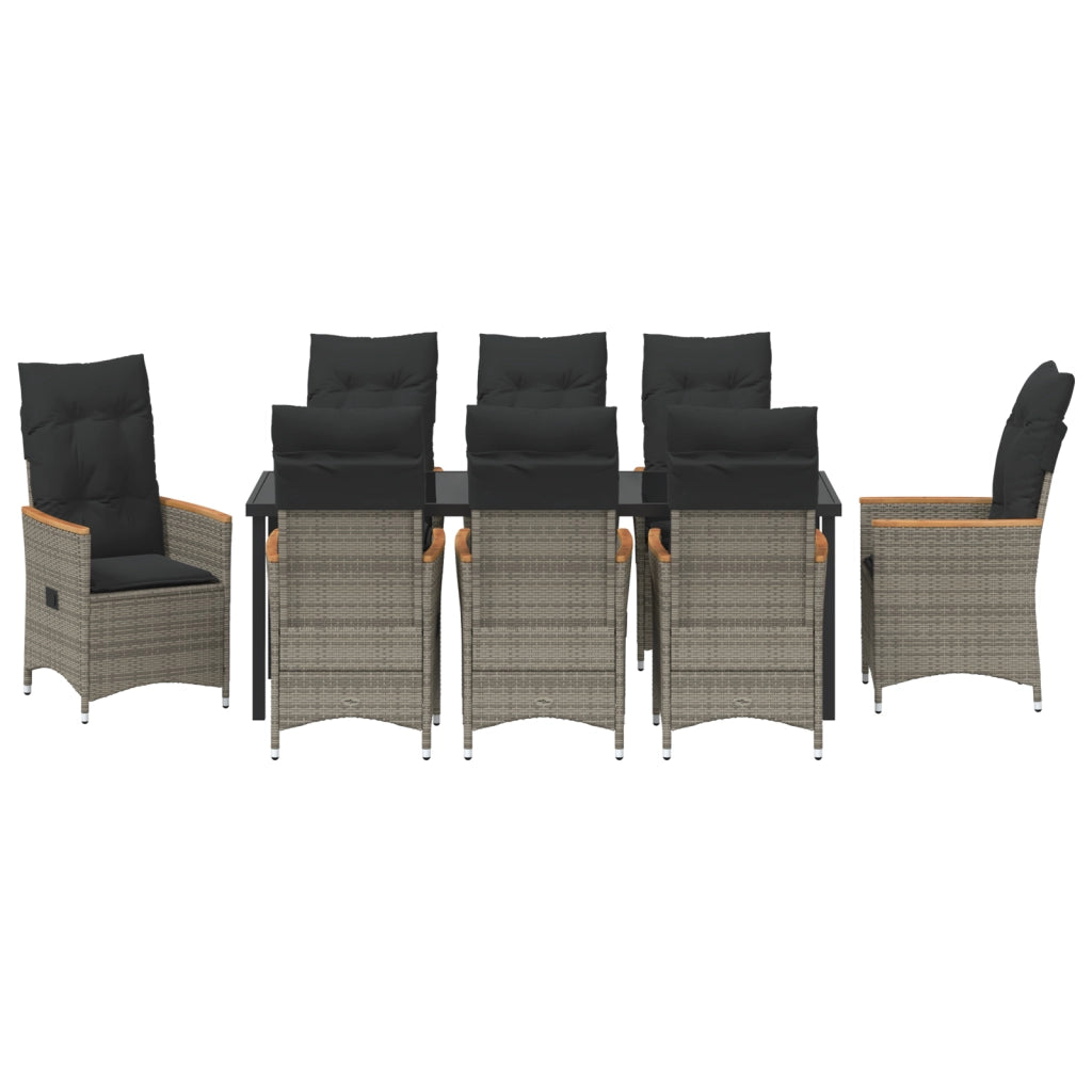 Set da Pranzo da Giardino da 9 Pezzi con Cuscini Grigio Rattan PE