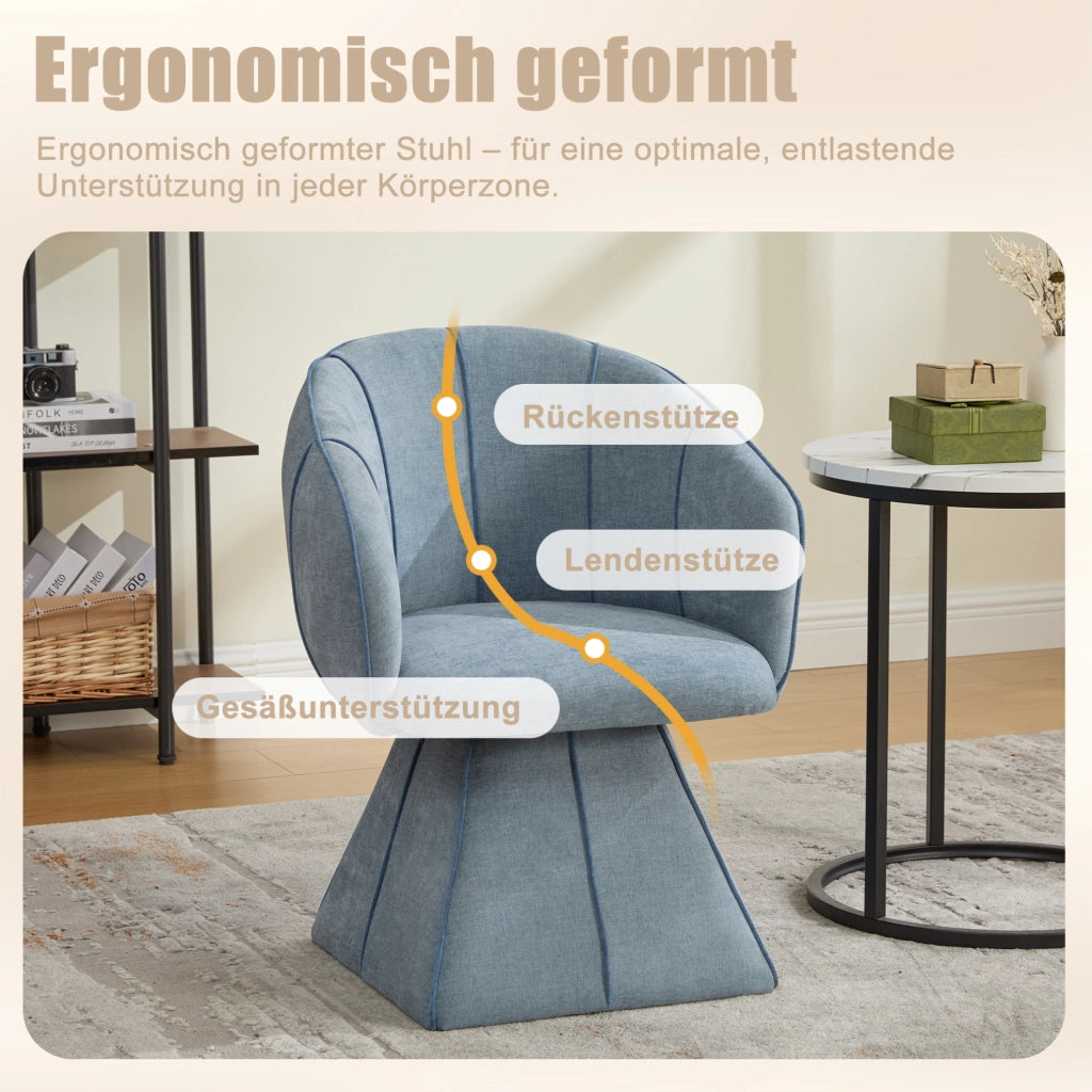 Poltrona girevole 360° in ciniglia blu con schienale alto e braccioli
