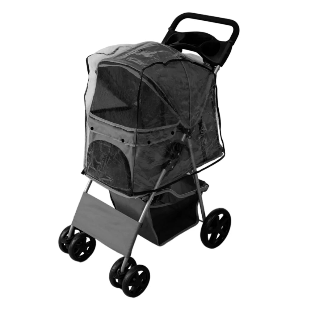 Passeggino per animali domestici Trasportino pieghevole Trolley da viaggio per gatti e cani Copertura anti-pioggia – Grigio