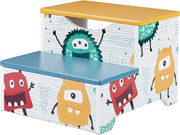 Scaffale per bambini con design mostro, due gradini, 25 cm di altezza, in MDF per la zona bagno, colore blu e verde.