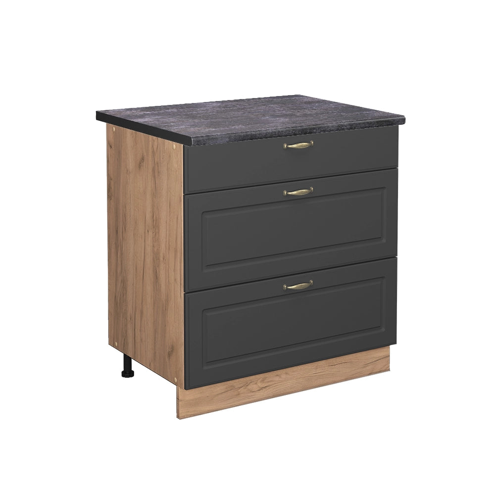 Mobiletto base per cucina Fame-Line Antracite-oro/Rovere dorato 80 cm con 3 cassetti, PL Antracite Vicco