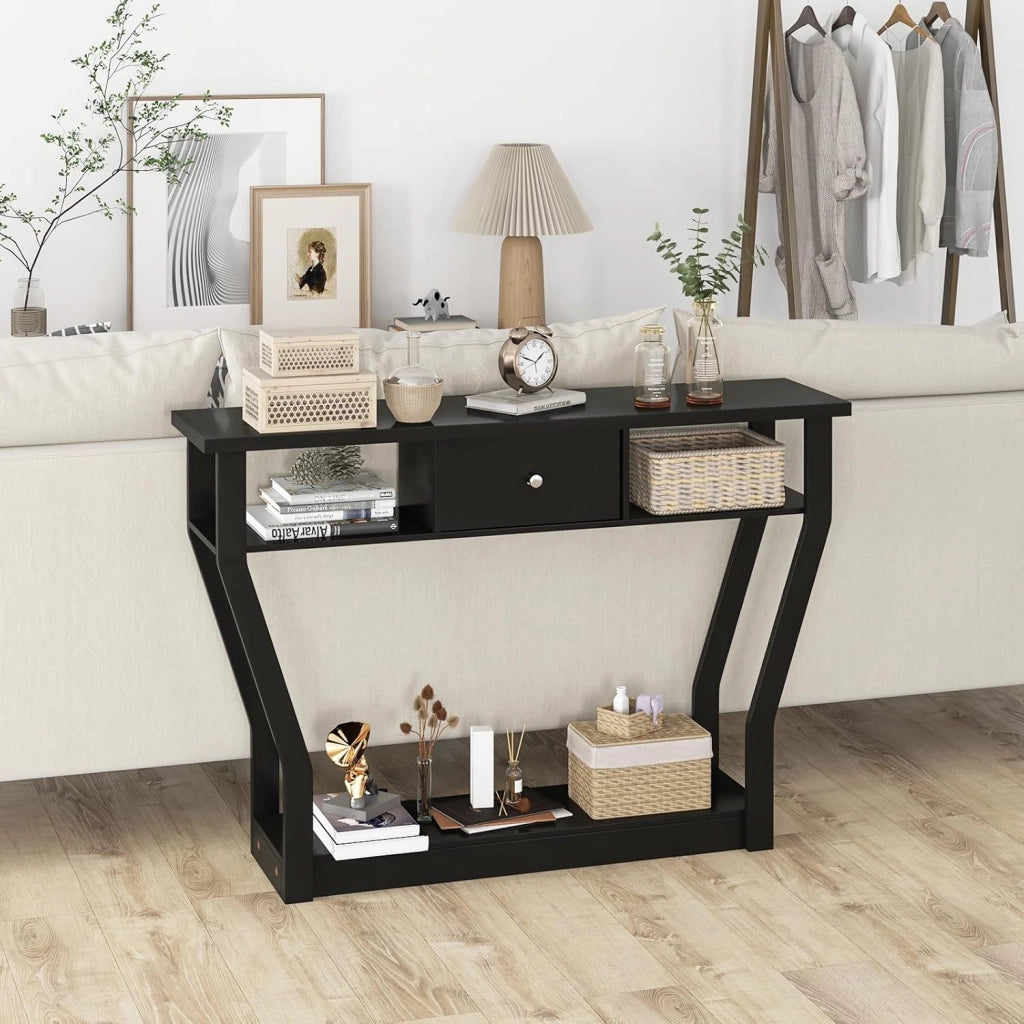 Tavolo Consolle in Legno, Consolle con Cassetto e Ripiani, Tavolo d'Ingresso Multiuso per Salotto, Corridoio e Entrata 120 x 30 x 81 cm (Nero)