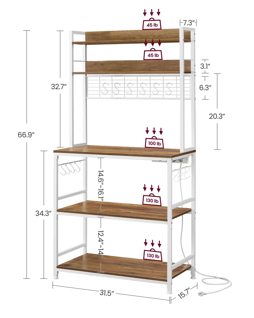 Mensola da cucina con multipresa supporto per microonde ripiano portaoggetti con pannello in rete metallica 14 ganci 40 x 80 x 170 cm marrone 12_0005667
