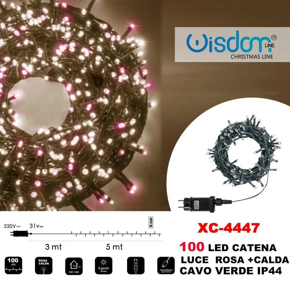 Trade Shop - Catena Luminosa 100 Luci Led Lucciole Luce Rosa + Calda Cavo Verde Ip44 Xc-4447 -