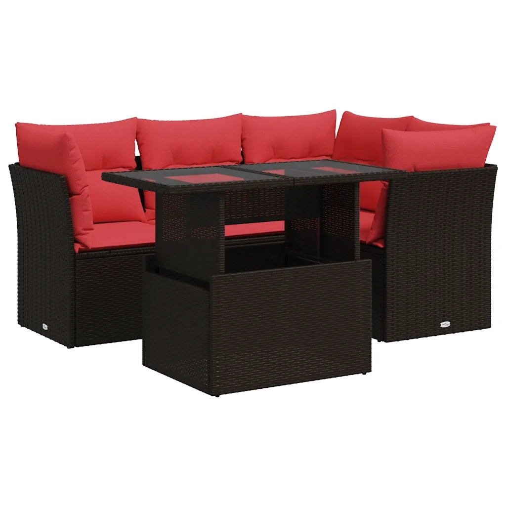 vidaXL Set Divano da Giardino 5 pz Cuscini Marrone Polyrattan e Acacia