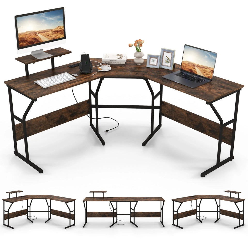 Scrivania ad angolo a forma di L con presa elettrica, Scrivania per computer con supporto monitor movibile da 225cm Marrone Rustico-Scrivanie