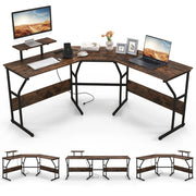Scrivania ad angolo a forma di L con presa elettrica, Scrivania per computer con supporto monitor movibile da 225cm Marrone Rustico-Scrivanie
