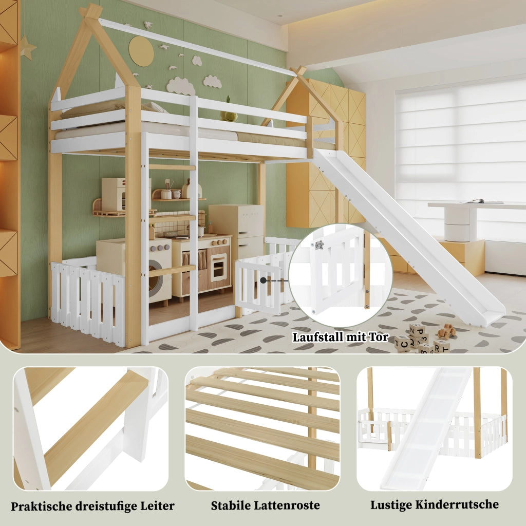 Etagenbett con scivolo bambini pino MDF compensato 90x200 cm