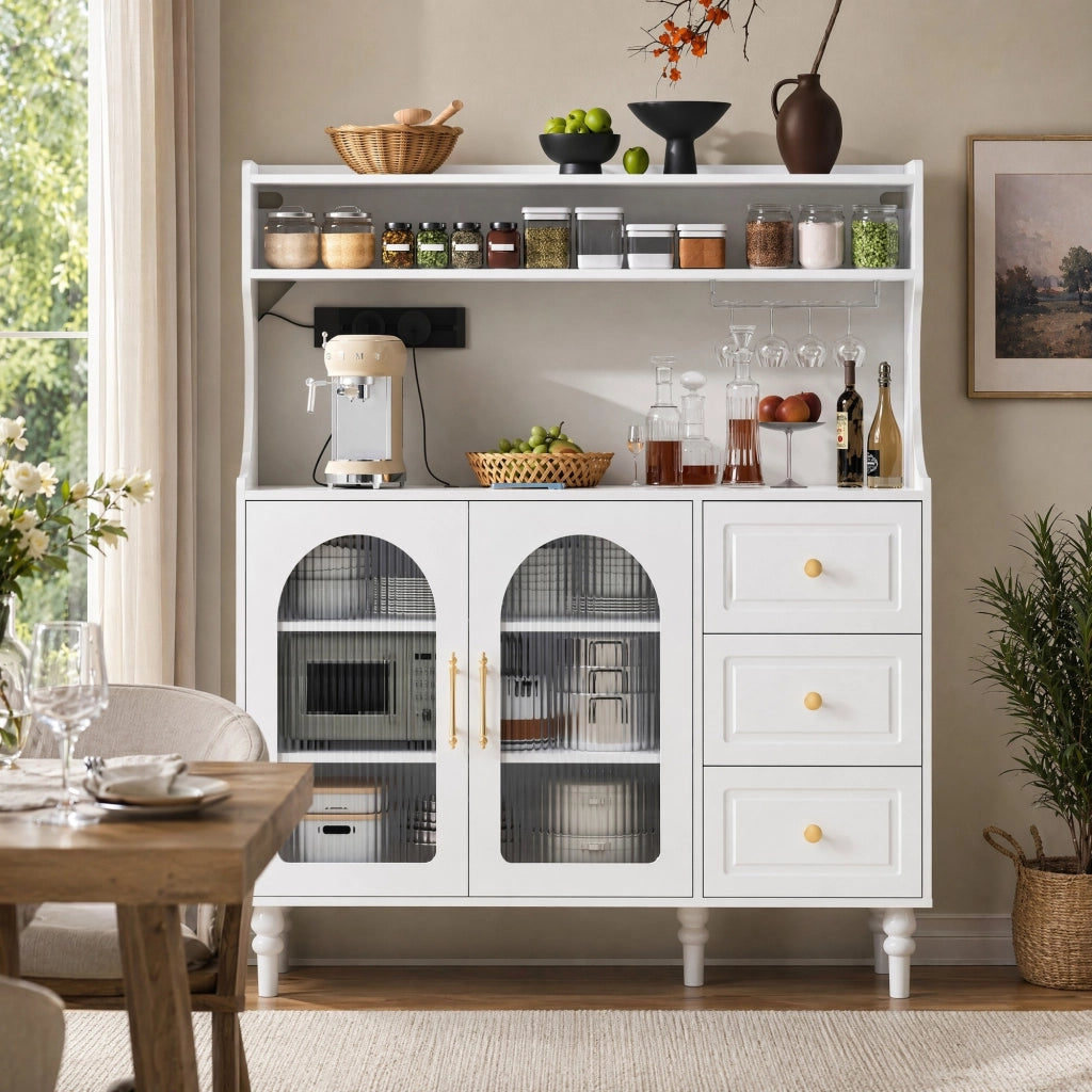 Credenza alta con cassetti, ripiani regolabili e porta bicchieri con stazione di ricarica per cucina e sala da pranzo 120 × 40 × 138.5 cm