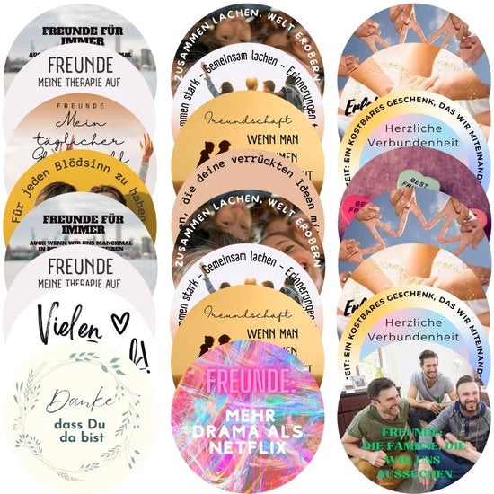24 Sostegni decorativi con tema amicizia, doppia faccia stampata, con 24 citazioni e motivi di amicizia, per casa, amici, decorazione e arredamento. Materiale assorbente cartone, 100% sostenibile e riciclabile.