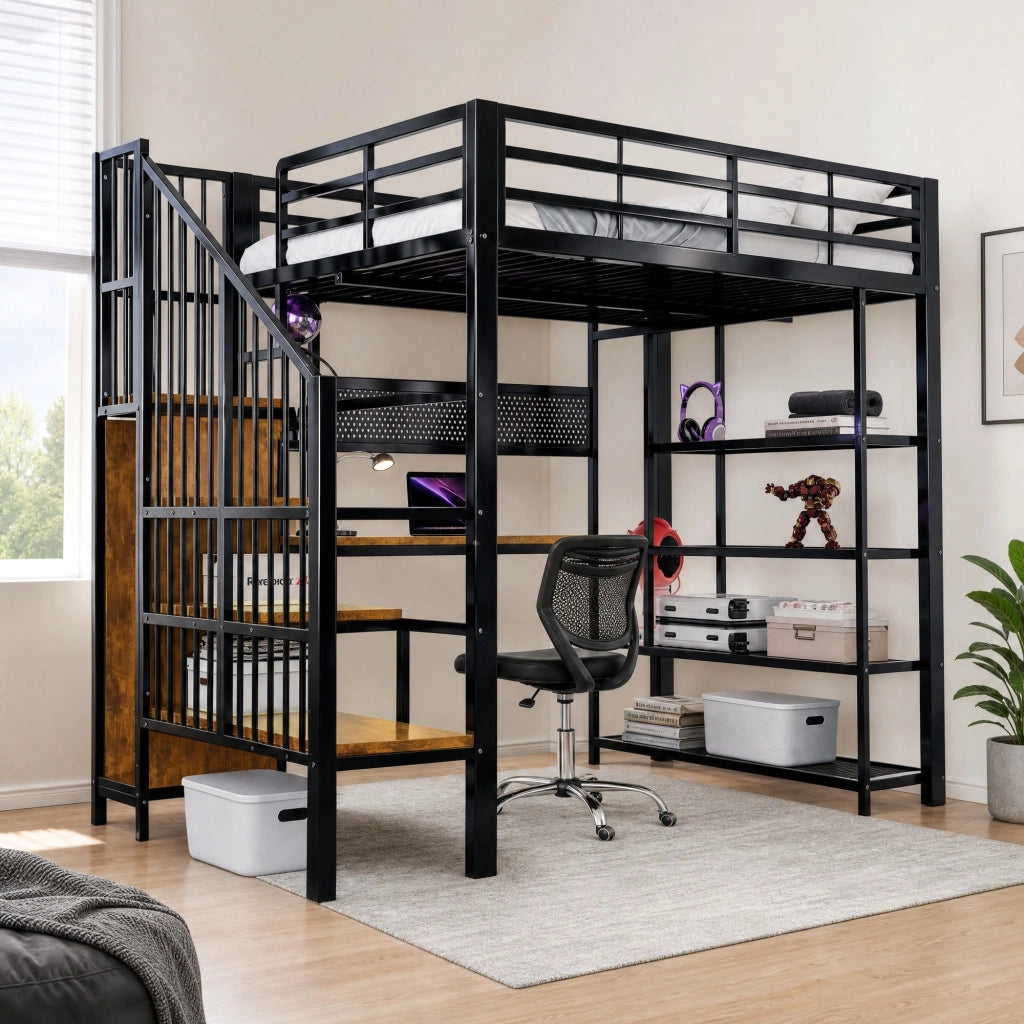 Letto a soppalco 140x200 cm in metallo nero con scrivania e LED