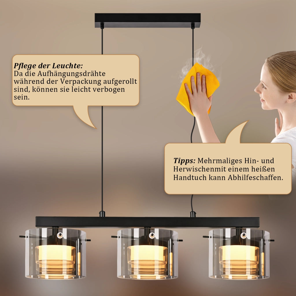 ZMH Lampada a sospensione vetro 3 luci altezza regolabile 140 cm per sala pranzo soggiorno cucina camera letto corridoio