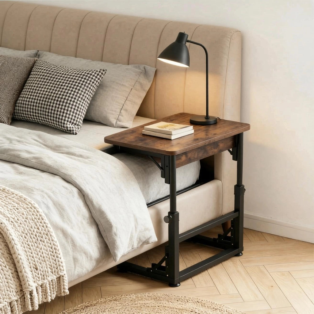 Tavolino Pieghevole a Forma di C, Tavolino da Divano Regolabile in Altezza con Struttura in Metallo, 59,5 x 39 cm Scrivania per Laptop per Soggiorno, Camera da Letto, Marrone Rustico