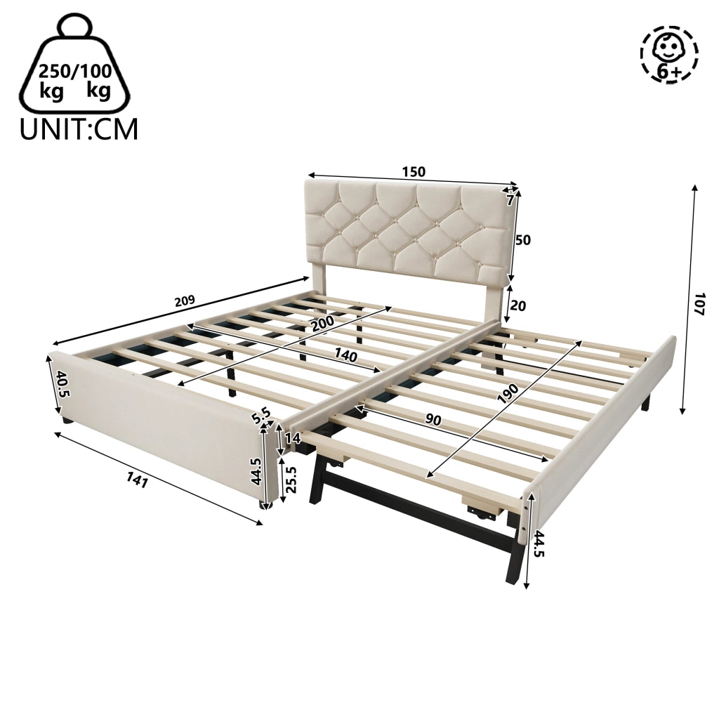 LETTO 140x200 cm Beige in velluto con letto estraibile e rete a doghe