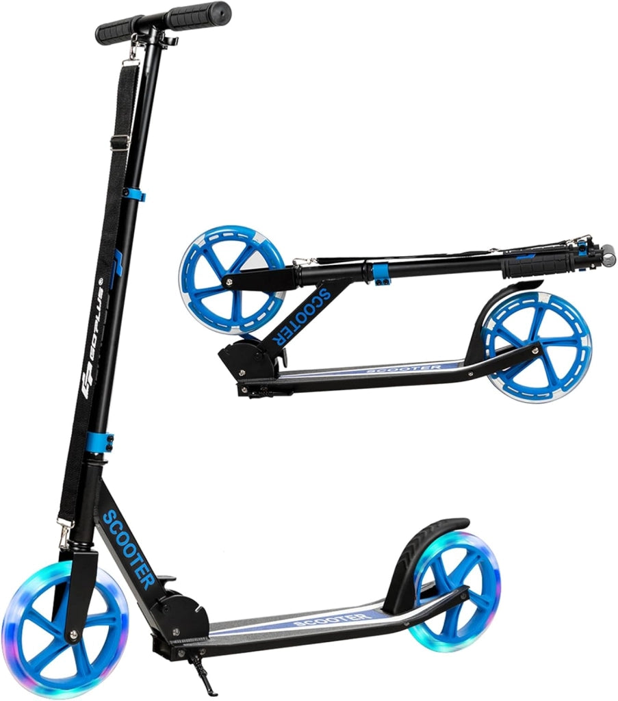 Monopattino Pieghevole con Altezza Regolabile, 2 Ruote Luminose con Freno, Manubrio Regolabile, Pedana Antiscivolo, Tracolla e Cavalletto, Scooter Portata 100kg, 10+ Anni