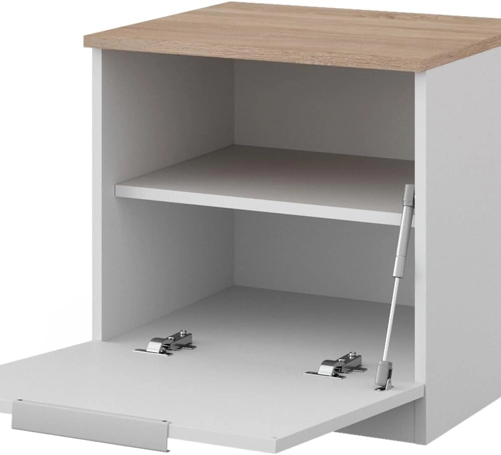 Comodino camera da letto Betti, Bianco/Sonoma, 50 x 50 cm con 1 porta, per riporre oggetti di uso quotidiano e combinabile