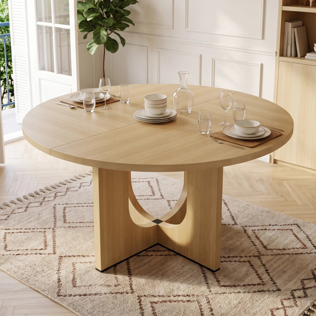 Tavolo da pranzo rotondo 120x120x75 cm per 4-6 persone; stile scandinavo minimalista; MDF effetto rovere