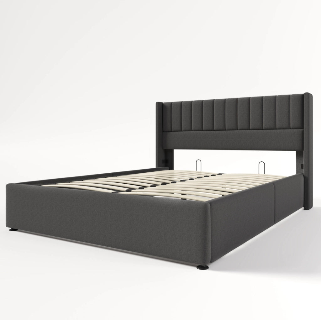 Letto matrimoniale imbottito con contenitore idraulico 160x200 cm in lino; grigio