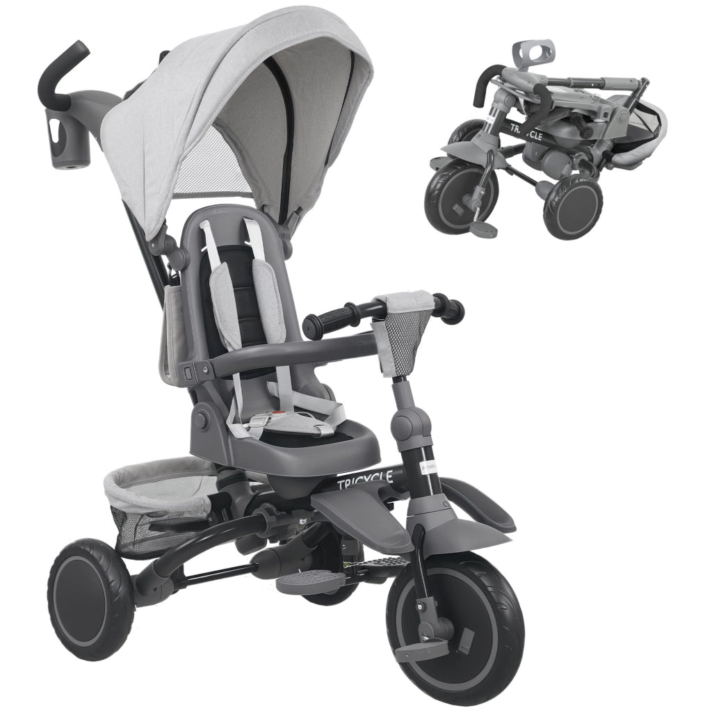 Triciclo per Bambini 6 in 1 con Maniglione di Spinta e Sedile Girevole 111,5x52x98 cm Grigio