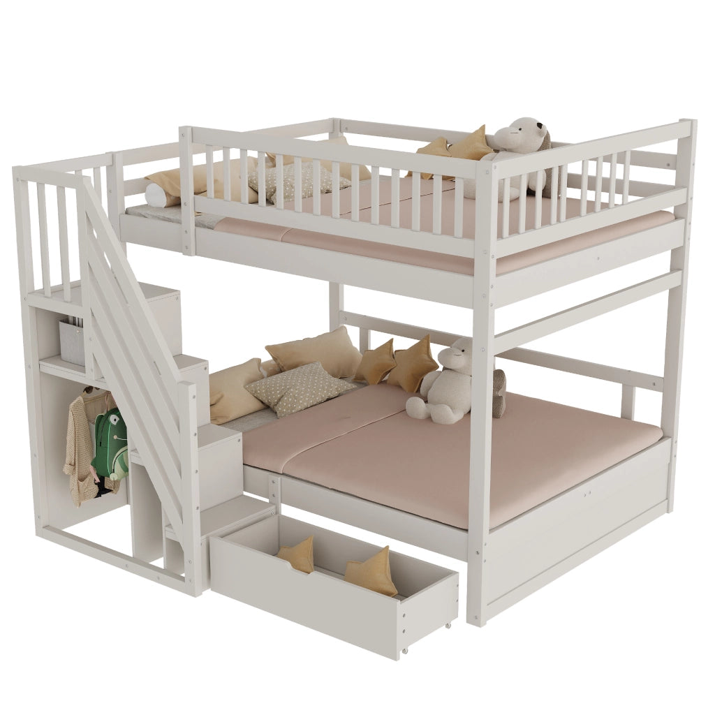 Letto a castello in legno massello 140x200 cm con scala contenitore e cassetti; bianco