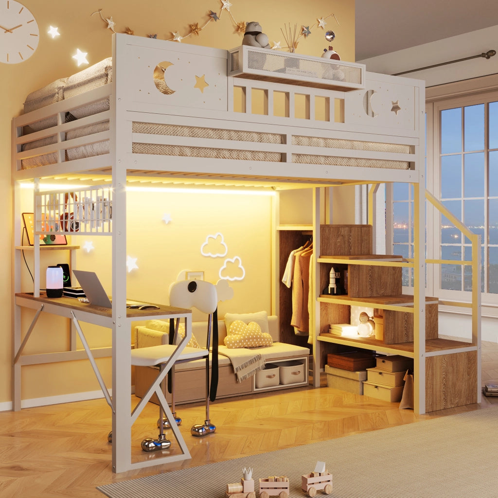 Letto a soppalco 140x200 cm con scrivania; pannello pegboard; ripiani; LED; USB e gambe a K; metallo bianco
