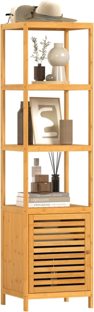 Armadio da Bagno in Bambù, Mobile da Bagno Alto e Stretto con Porta a Battente, 4 Ripiani Aperti, Scaffale Angolare Indipendente, 36x33x140cm