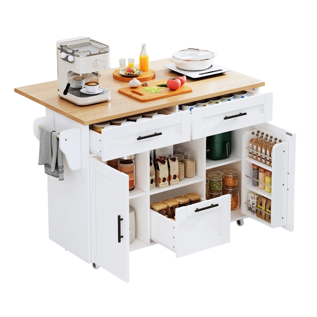 Carrello da Cucina con 1 Anta; 3 Cassetti; Ripiani Regolabili; Vassoio Pieghevole e Portaasciugamani; 120x46x90 cm