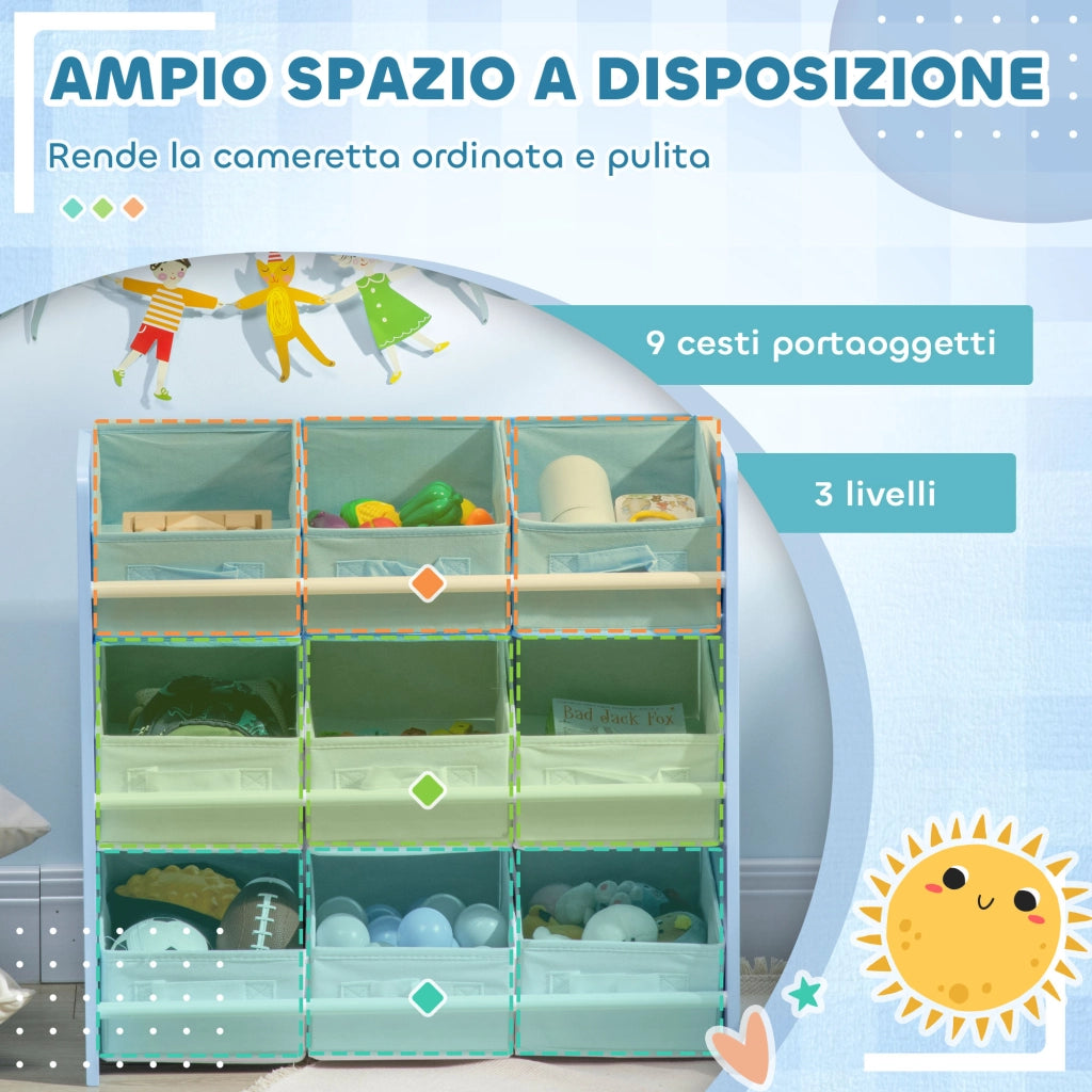 Mobiletto Portagiochi 63x30x60cm con 9 Cestini Rimovibili in MDF e Tessuto Azzurro