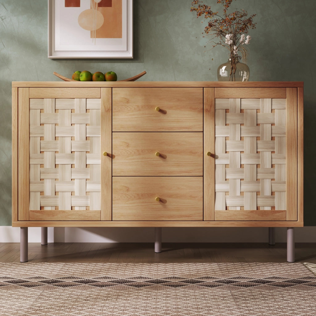 Credenza in stile country 120x40x75 cm rovere con 2 ante, 3 cassetti e ripiani regolabili