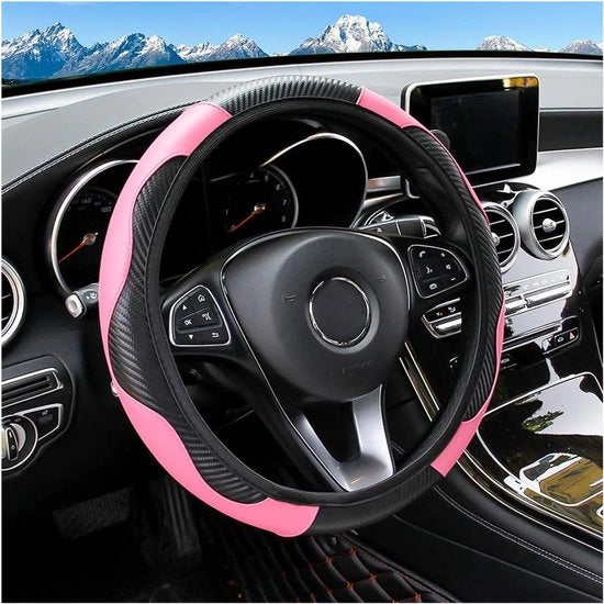 Stabilizzatore di volante per auto, 15 pollici, con fibra di carbonio, microfibra e pelle PU, elastico per uomini e donne, antiscivolo, respirante, adatto per la maggior parte delle auto (rosa)