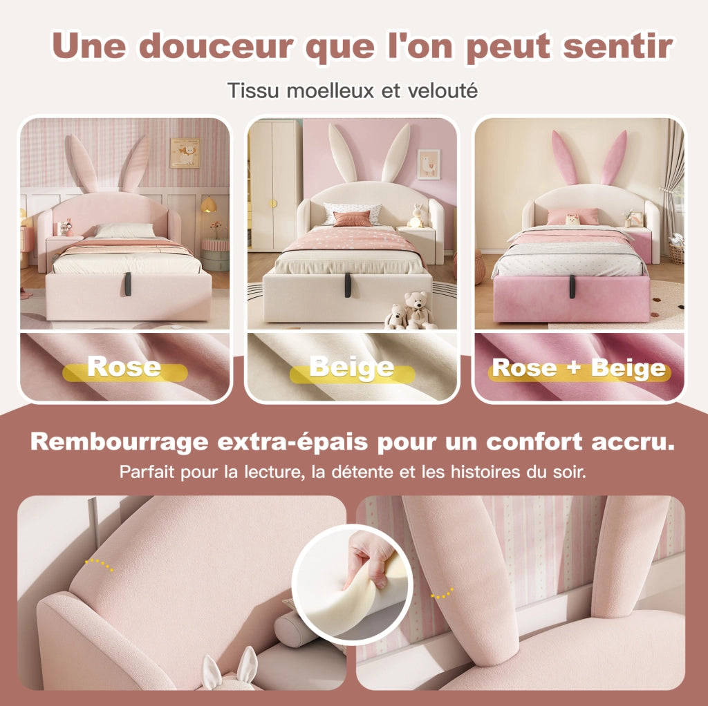 Letto singolo 90x190 cm imbottito rosa con contenitore; comodino integrato e testiera con orecchie