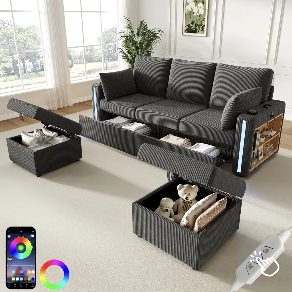 DIVANO Modulare U/L 190x130x85 cm Grigio in tessuto corduroy con 2 pouf contenitore