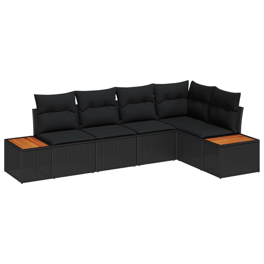 Set di divani da giardino 5 pezzi con cuscini neri in polyrattan e acacia