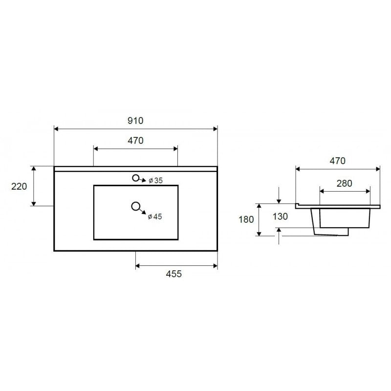 Lavabo rettangolare da incasso 1 foro ROJO 91x47x18 cm
