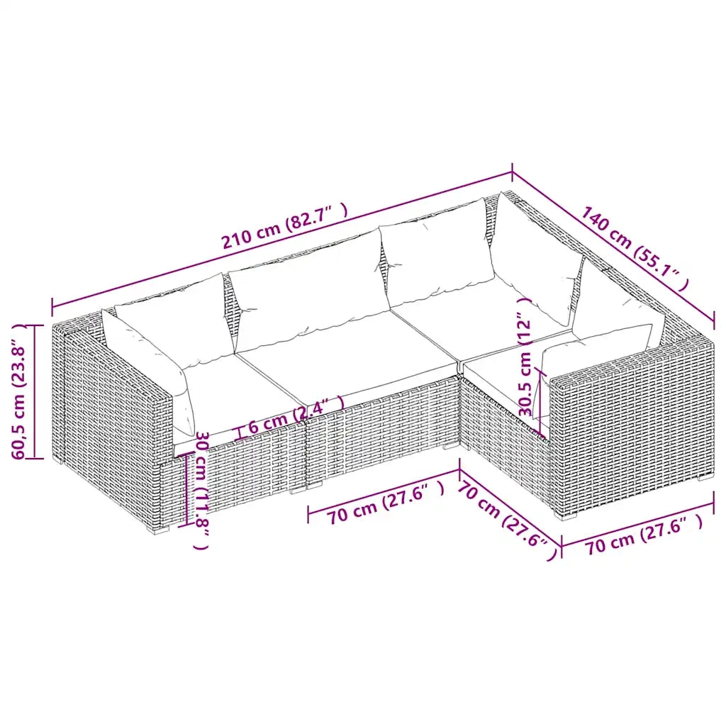 Set Divani da Giardino 4 pz | Set Salotto da Giardino con Cuscini in Polyrattan Grigio