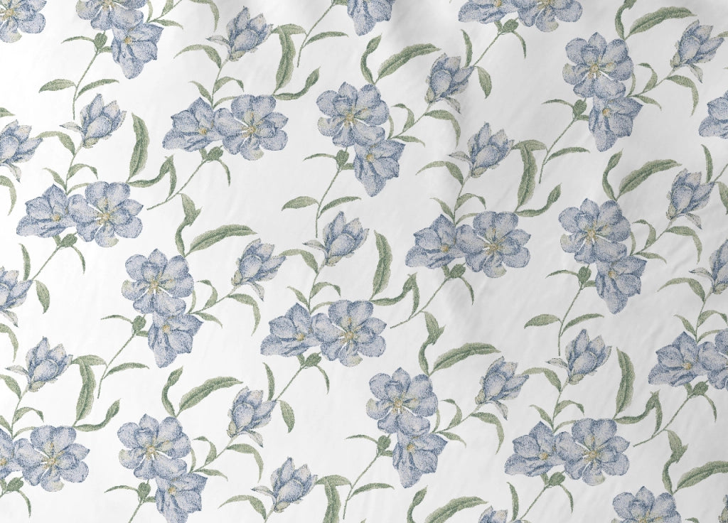 Completo Lenzuola Letto In 100% Cotone Made Italy Disegno Magnolia - Francese - Azzurro