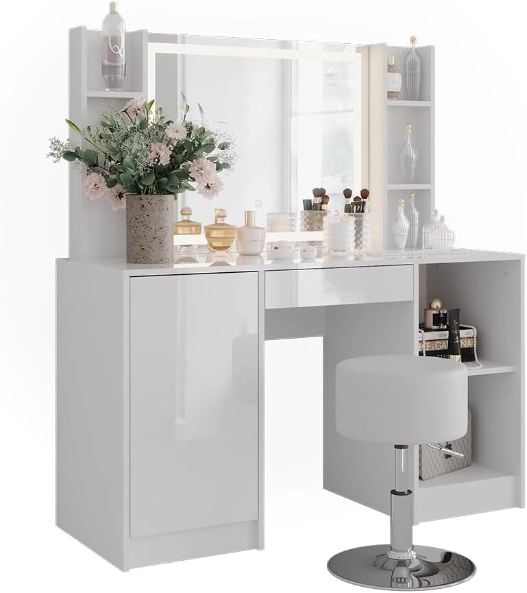 Tavolo da toeletta Sherry, Bianco/bianco lucido, 128.2 cm con specchio LED e sgabello, con piano d'appoggio laterale e presa elettrica integrata