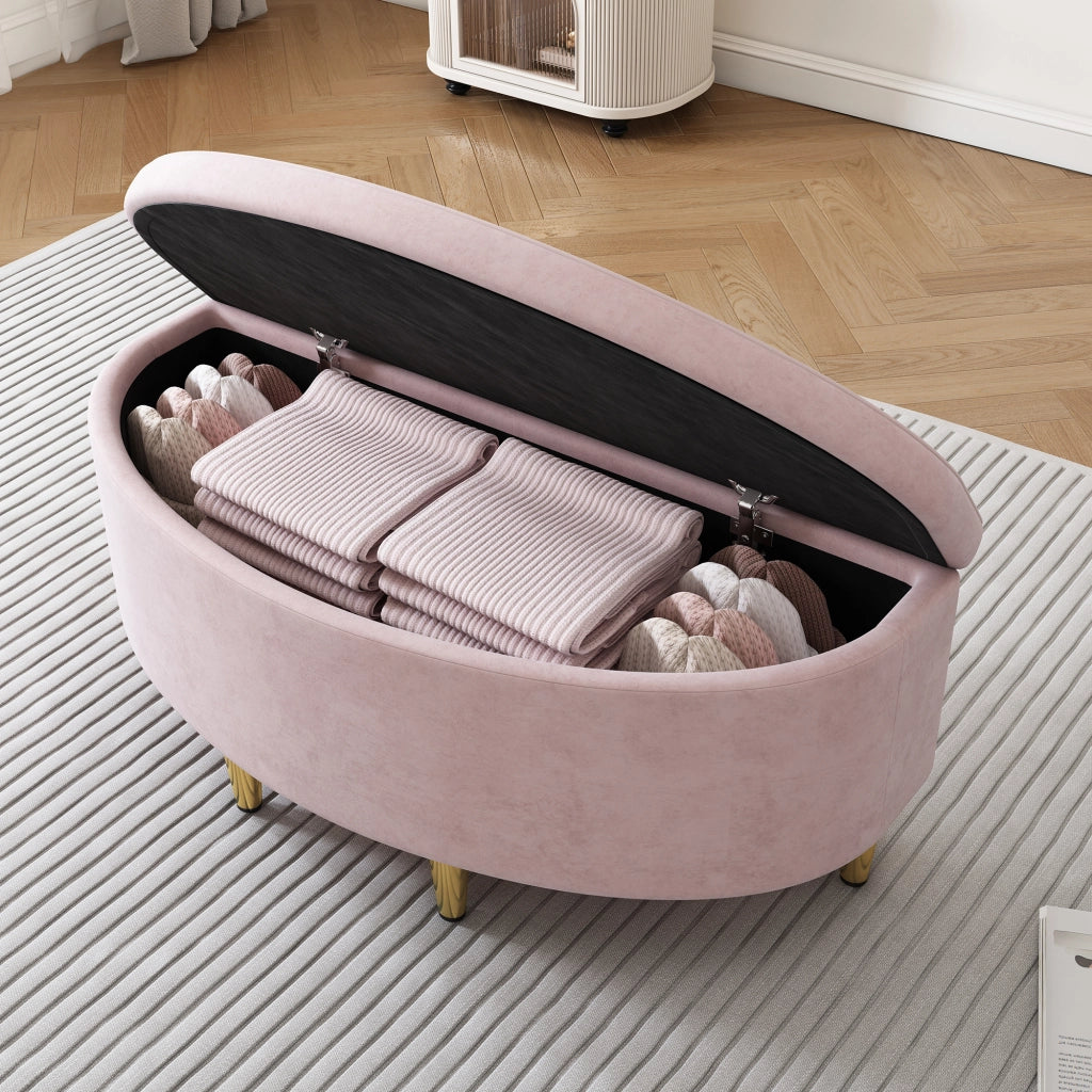 Panca Imbottita con Contenitore; Seduta in Velluto; Gambe in Metallo; Design Europeo; per Ingresso e Camera; Rosa