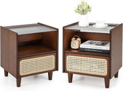 Set 2 Comodino in Bambù, Comodone da Letto con Cassetto in Rattan e Scomparto Aperto, Tavolino con Piano in Vetro, 43 x 35 x 50 cm