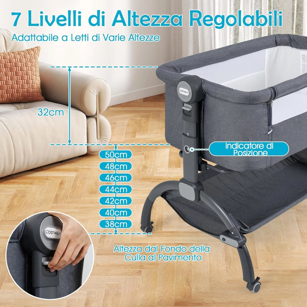 Culla Neonato, Culla Co-Sleeper Regolabile in Altezza a 7 Livelli, Ruote Bloccabili, Cesto Portaoggetti, Materasso e Baldacchino, Lettino Portatile e Pieghevole per Neonati 0-6 Mesi (Grigio)