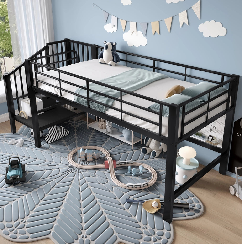 Letto a soppalco 90x200 cm con scala contenitore in metallo e MDF nero