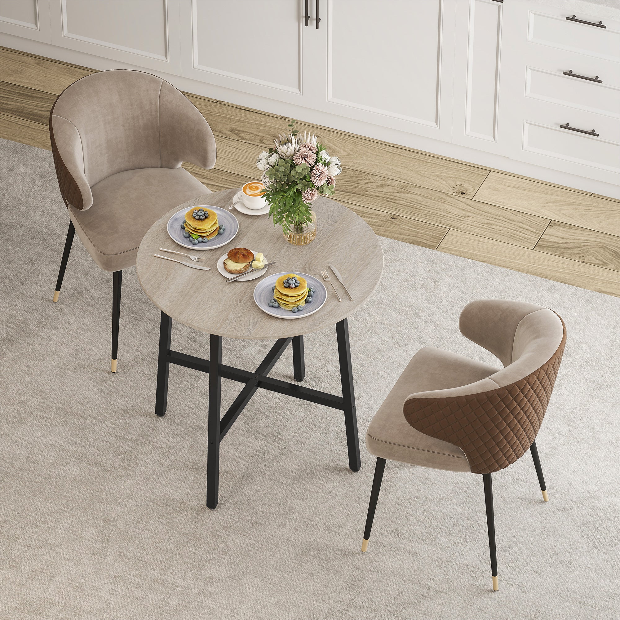 Tavolo da Pranzo Rotondo in Stile Industriale Ø80x75 cm per 2 Persone in Truciolato Nero e color Legno