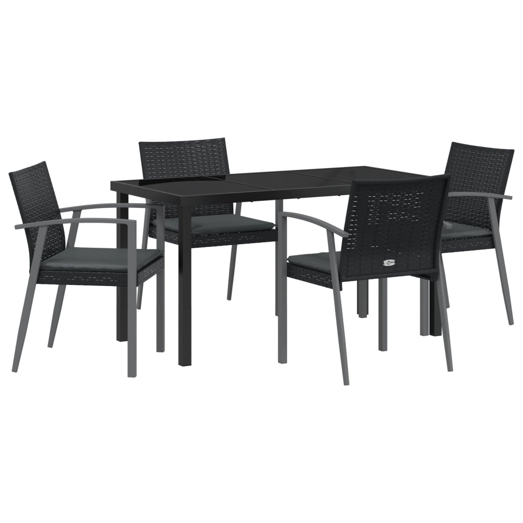 Set da Pranzo da Giardino in 5 Pezzi con Cuscini Nero in Polyrattan