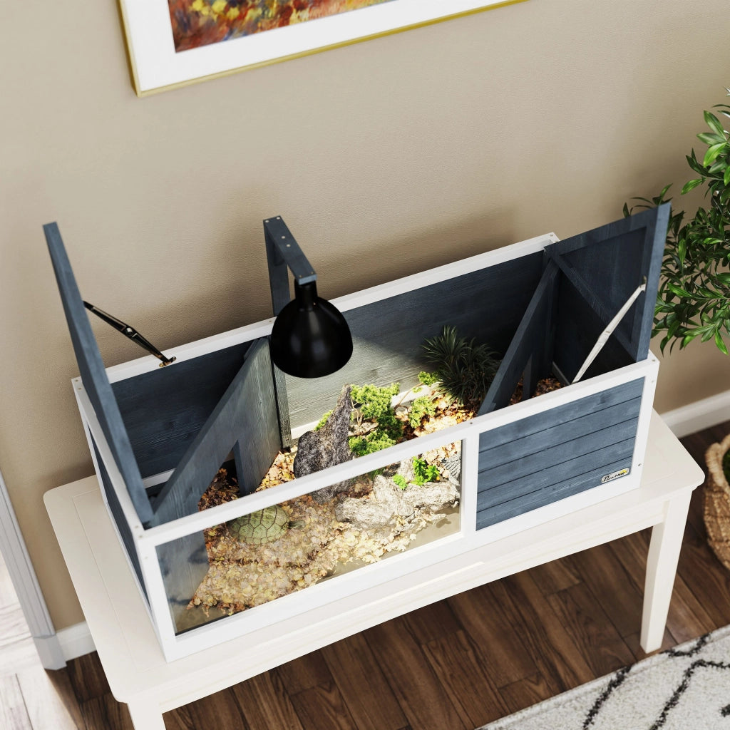 Casetta da giardino per tartarughe con due vani e area gioco centrale in legno di abete grigio 120 × 50 × 40 cm